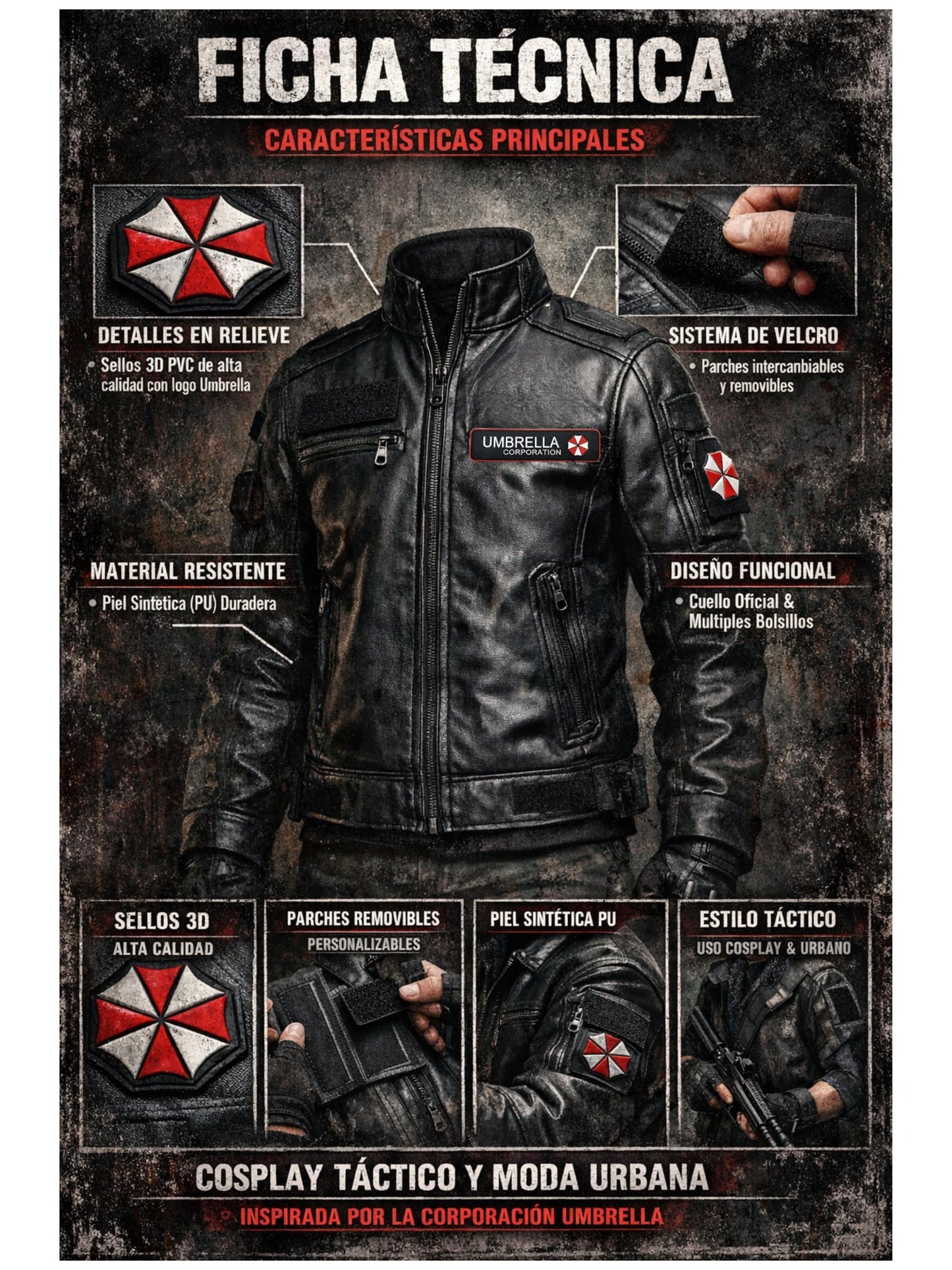 Chaqueta Resident Evil Umbrella Corporation - Parches de Velcro Removibles y Sello de Goma 3D