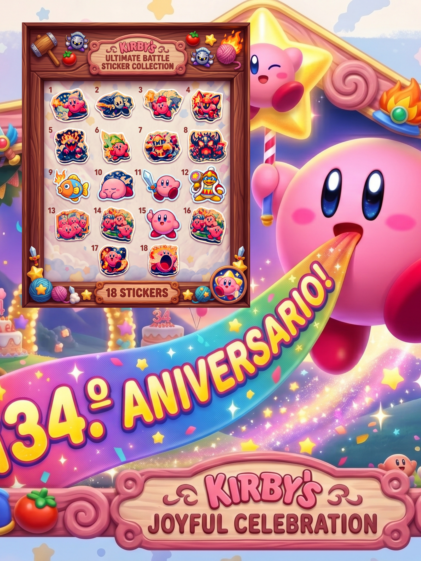 Set 18 Stickers Kirby 34.º Aniversario: Papel Foto + Enmicado Premium